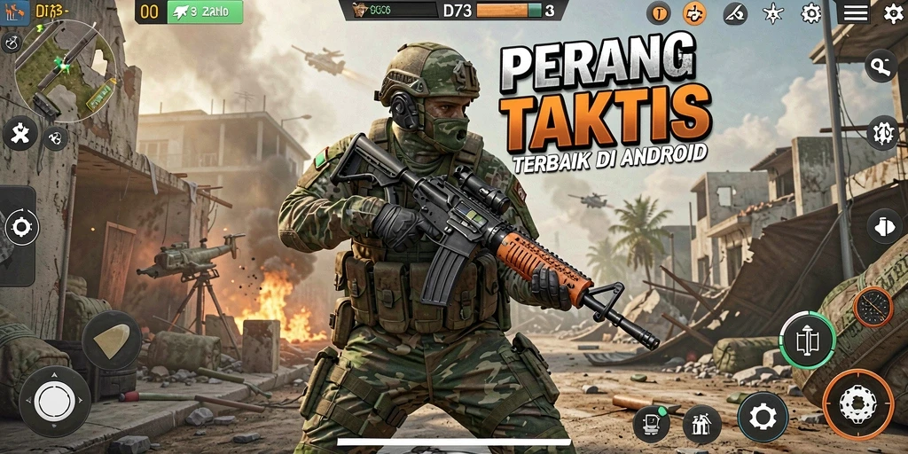 Screenshot menunjukkan aksi intens dan grafis menakjubkan dari D73.