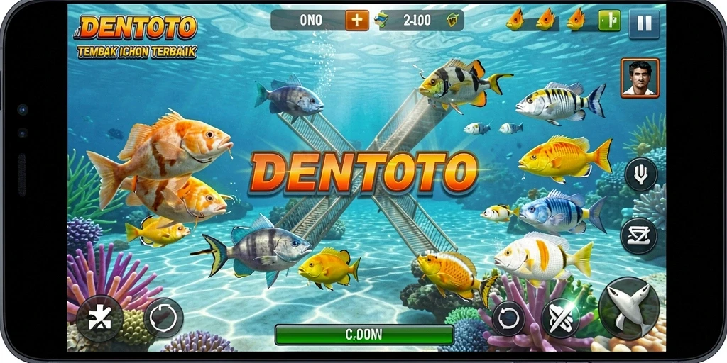 Screenshot gameplay DENTOTO menunjukkan aksi Tembak Ikan yang mengasyikkan.