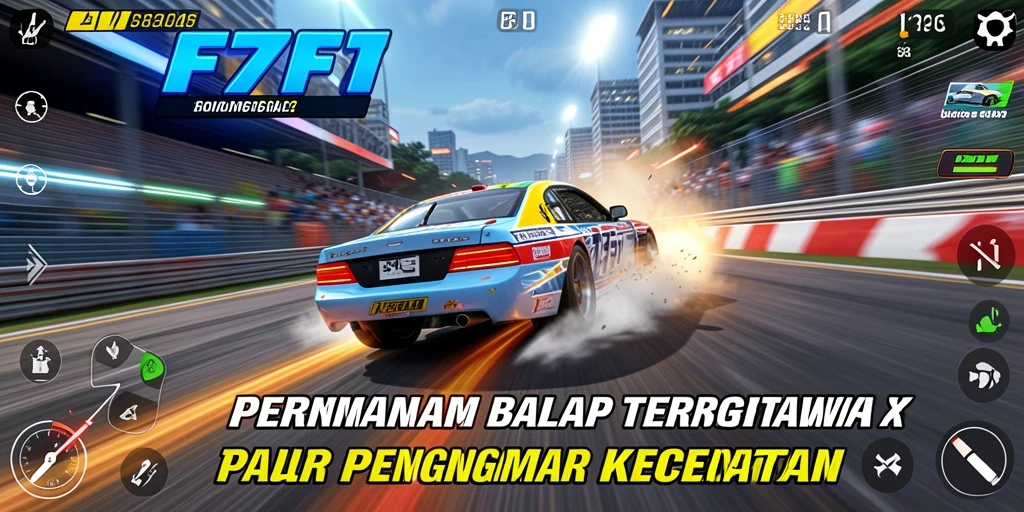 Tampilan gameplay F7F7 yang mendebarkan dan penuh aksi balapan.