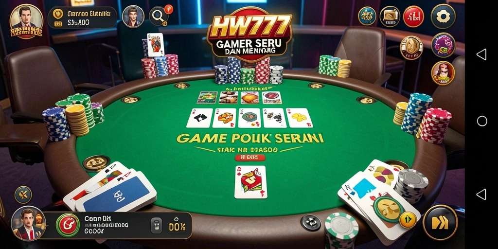 Tampilan gameplay utama HW777 dengan kartu dan meja poker yang menarik.