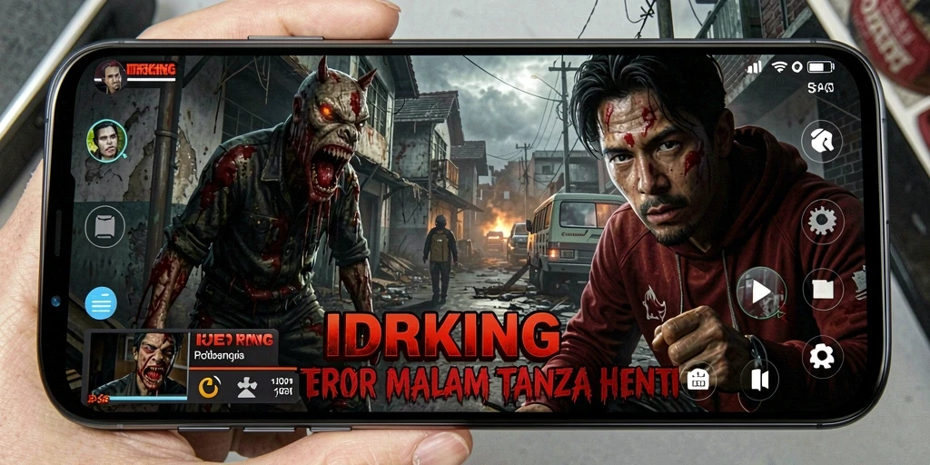 Tampilan gameplay menegangkan di dunia horor yang gelap.