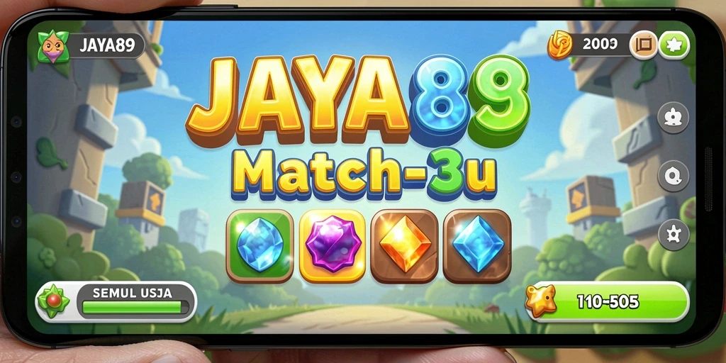 Screenshot utama JAYA89 menampilkan gameplay Match-3 yang seru.