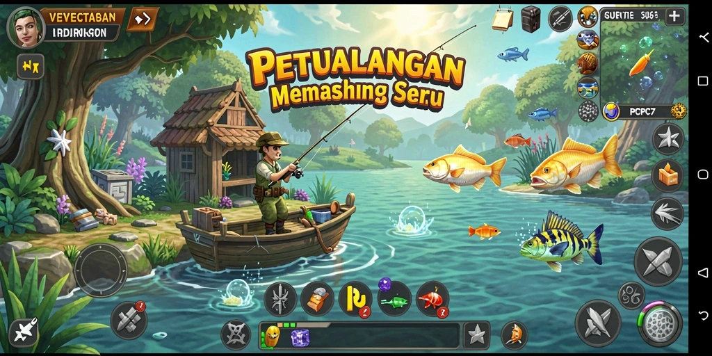 Screenshot gameplay PCPC7 dengan aksi memancing yang seru.