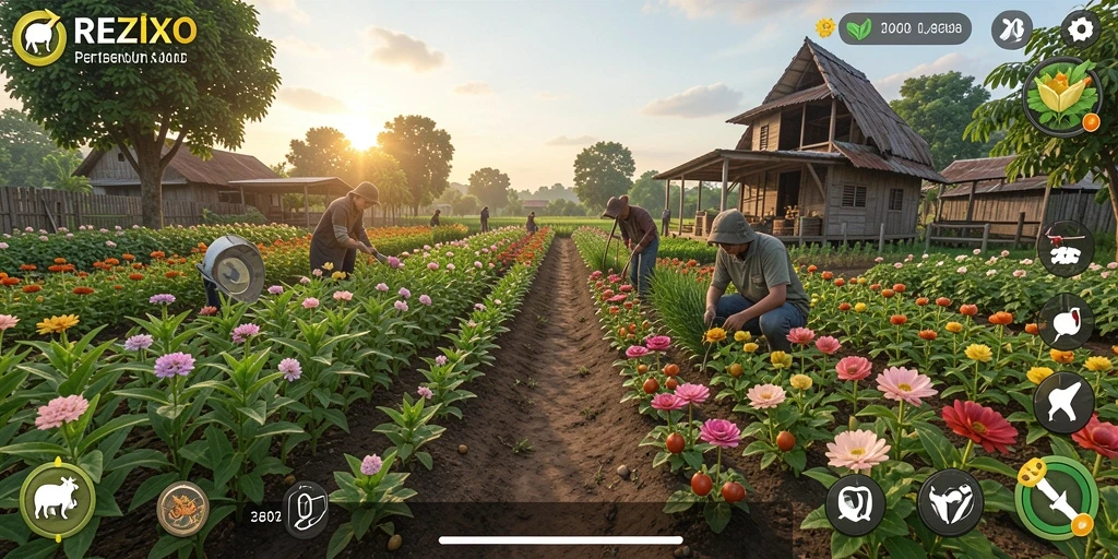 Tampilan gameplay seru di REZIXO dengan taman pertanian yang subur.