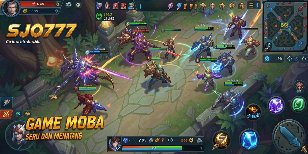 Tangkapan layar gameplay SJO777 menampilkan aksi MOBA yang mendebarkan.